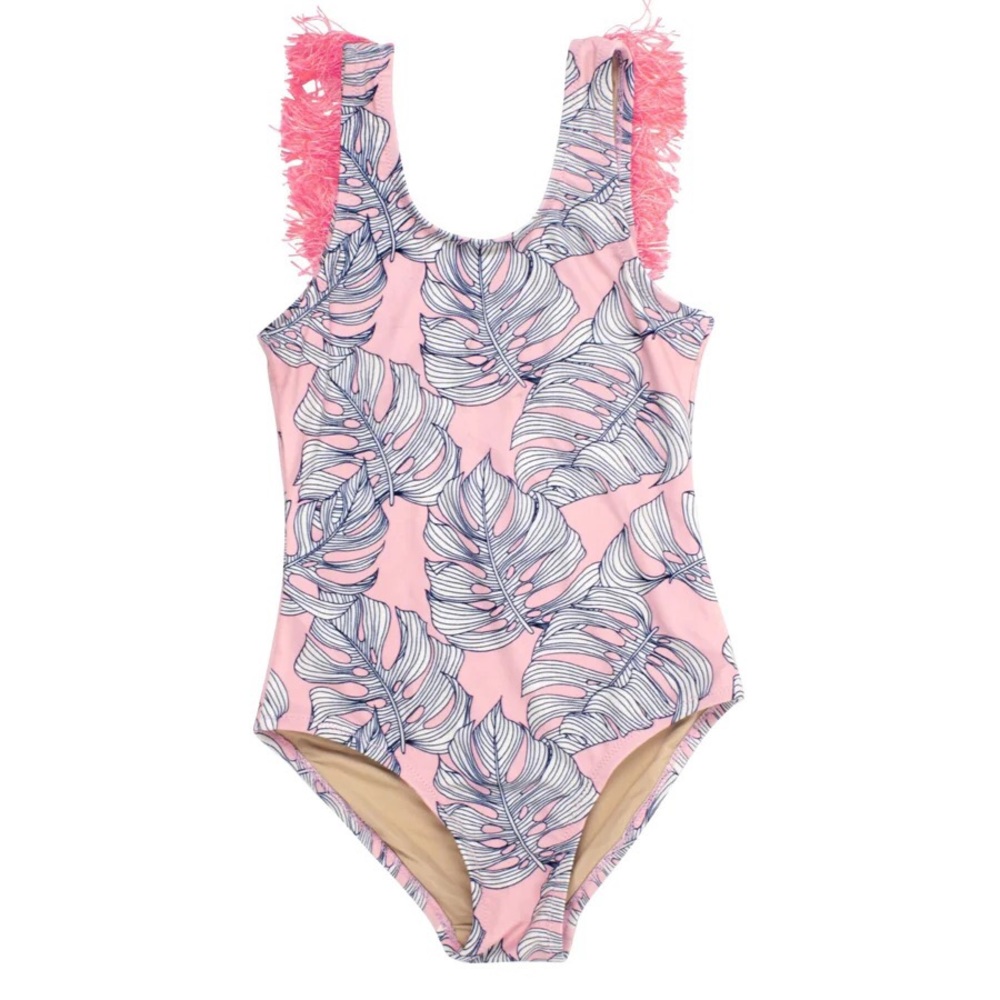 Shade Critters One Piece Fringe Back, Pink Monstera Swimsuit